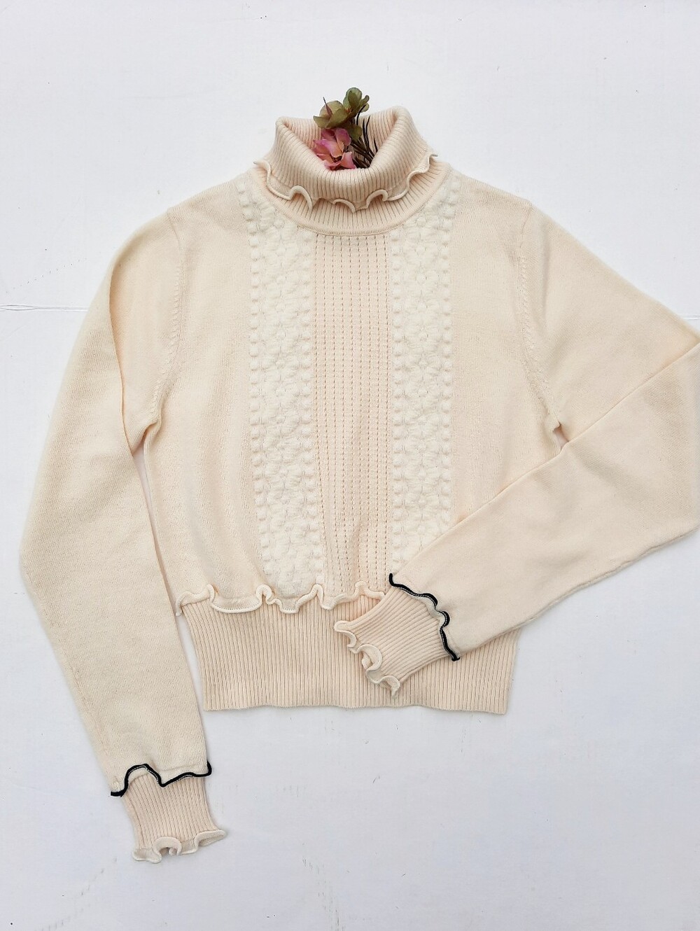 PHILLIP LIM Ivory Turtleneck Sweater, Cream Embroidery, Lettuce Edge
